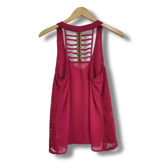 🌿Maurices Women's Medium Burgundy Lace Brocade Racerback Lattice Sleeveless Top - Picture 7 of 12